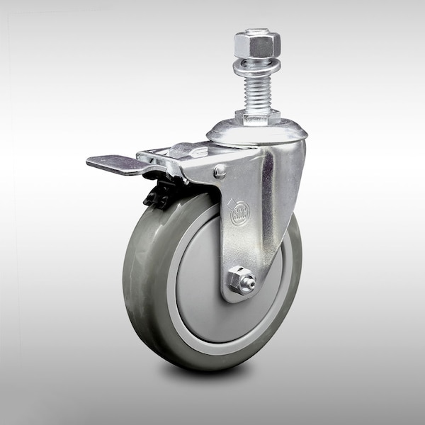 5 Inch SS Gray Polyurethane 1/2 Inch Threaded Stem Caster with Total Lock Brake
